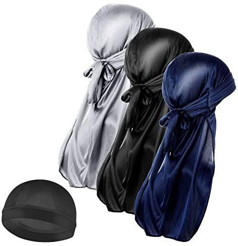 Molain Gorra ondulada de seda para hombre 3 piezas y 1 gorros sedosos Durag con cola larga elástica Durags suave transpirable sedoso calcetín ondulado perfecto 360/720 (negro plateado azul marino)