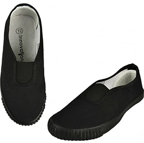 Boys Girls School Pumps PE Gym Black/White Plimsolls Trainers Adult Lace Dance Ballet Plain Plimsoles - Non Marking Sole