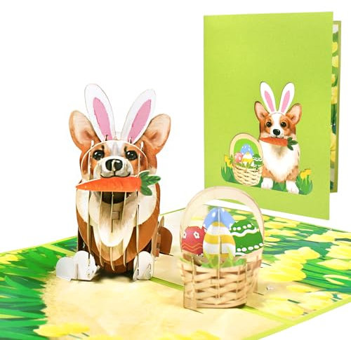 3D Pop-Up Religiöse Osterkarte, Niedlicher Corgi Bunny mit Karotte und Osterkorb, Frühlingschristliche Grußkarte für Kinder & Erwachsene, Handgemachte Feiertagskarte mit Umschlag und Blanko-Notizkarte