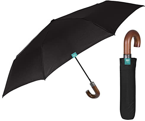 PERLETTI Ombrello Pieghevole Compatto Automatico Antivento - Elegante Classico Nero Unisex Con Manico Curvo Effetto Legno - Portatile, Resistente, Diametro 96 cm
