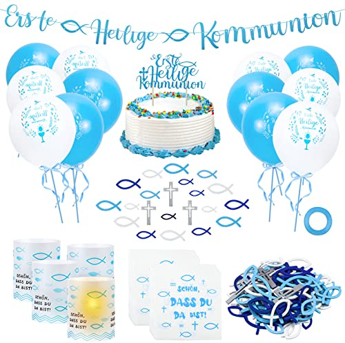 Yotako Kommunion Deko, 135 Stück Konfirmation Tischdeko Kommunion, 4 Windlicht Fisch+40 Servietten + 66 Holz Fische Deko+12 Luftballons, Erstkommunion für Servietten Taufdeko(Blau)for Adults Men Women