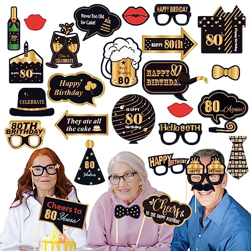 32 Stücke Schwarzes Gold Geburtstag Foto Requisiten 80. Geburtstag Fotobox Accessoires mit Stock Gold und Schwarz Foto Gastgeschenke Lustige Fotokabinen Requisiten für Geburtstagsfeier Dekoration