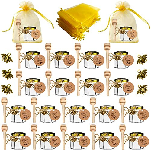 20 Pack 1.5 oz Hexagon Mini Glas Honig Gläser mit hölzernen Dippers, Bienen Anhänger, goldene Geschenktüten, Dankeskarten, Jutes, perfekt für Baby Dusche, Hochzeit und Party
