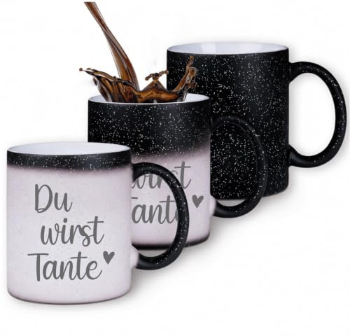 Farbwechsel-Tasse „Du wirst Tante“ – Zaubertasse mit Glitzer, Keramik 330 ml, magischer Farbwechsel bei Hitze, Geschenkidee für werdende Tanten