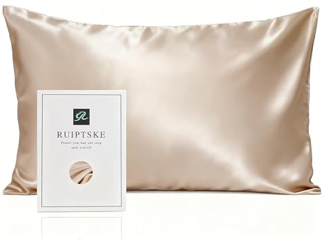 RUIPTSKE Natural Silk Federa, ipoallergenico, 22momme, 100% Seta, 600 Filati, con a Scomparsa Cerniera (Light Champagne, 50x75cm)