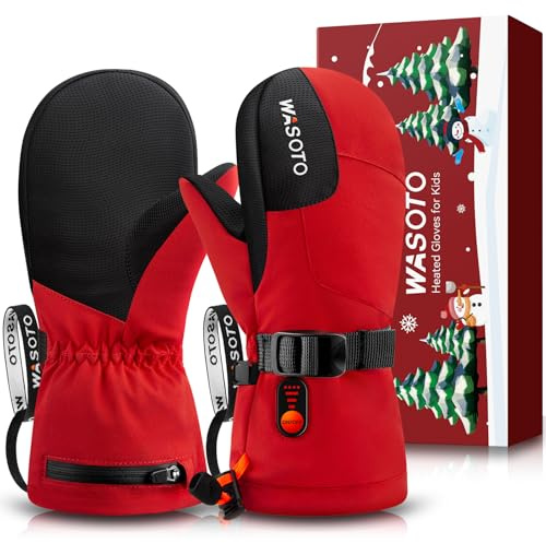 WASOTO Heated Mittens Gloves for Kids Children Waterproof HeatedGloves 7.4V 3000mAh Electric Rechargeable Heated Ski Gloves for Skiing Snowboarding Snowmobiling Raynaud Hiking (HeatedMittens R-M)