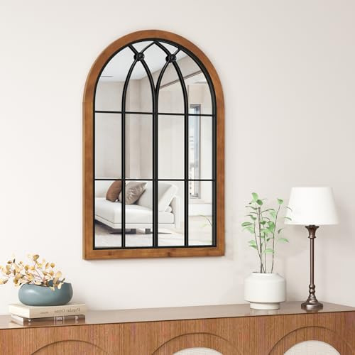 RELAX4LIFE - Espejo de pared arqueado, espejo de ventana con marco metálico, cristal de alta definición, estilo Shabby, decoración de pared rústica para dormitorio, entrada, salón