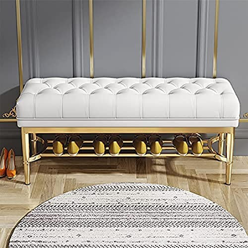 ASHILD Hochwertige Eingangsbank aus Leder mit goldenem Schuhregal, mit Knöpfen gepolstertes Ende der Bettbank, Schuhbank im Flur, weiß, 100 x 33 x 48 cm (39 x 13 x 19 Zoll)