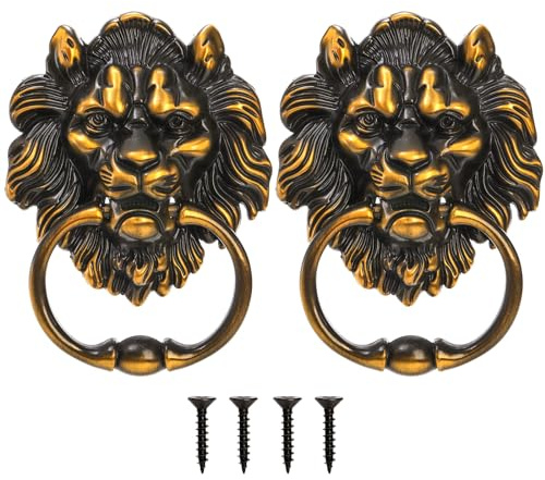 YOUEON 2 Pcs Lion Head Door Knocker, 15 cm Decorative Door & Gate Knocker with Mounting Screws, Antique Brass Door Knocker for Front Door, Cabinet