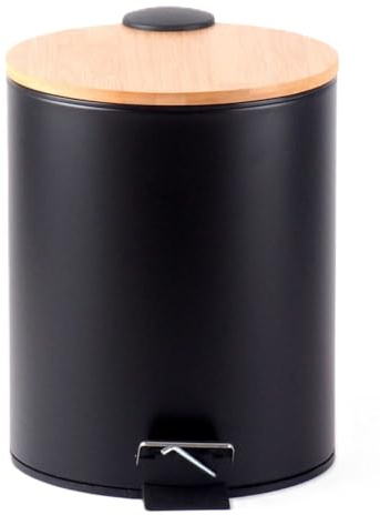 5L Litre Round Pedal Bin Stainless Steel Toilet Bath Bathroom Kitchen Camping Campervan Living Room Garage Bin with Inner Bucket 5 Liter Soft Close Lid Pedal Operated Trash Can (Black with Bamboo LID)