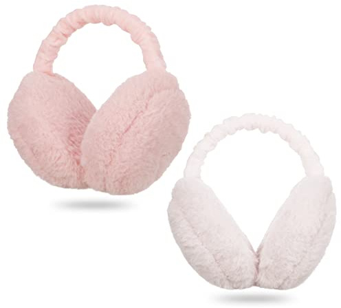 Halinuia 2 PiècesCache Oreilles Femme Réglable et Pliable,Hiver Rose Blanc Cache Oreilles en Peluche pour Femme Doux Chauds Protection Contre Cache Oreilles