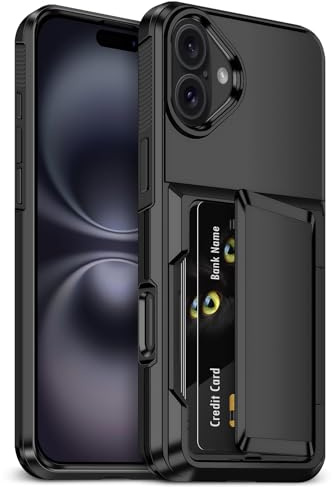 Aolcev for iPhone 16 Case with Card Holder [Max 4 Cards] Black | Heavy Duty,Protective Shockproof,Dual Layer Hard PC Soft TPU Bumper,Hidden Card Slot Wallet Cover for iPhone 16 Phone Case