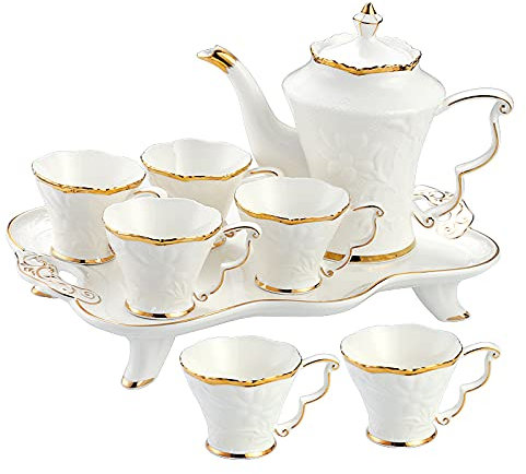 Porcelain Tea Sets White Ceramic Coffee Service 1 Teapot Set Of 6 Coffee Cups Set With Tray
