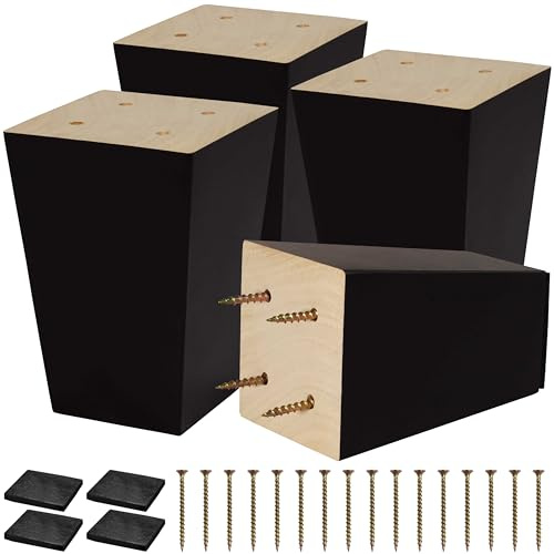 CODIN (5 Sizes: 3-4-5-6-8 Set of 4 Wood Furniture Legs - Square Sofa Legs, Couch Leg - Brown Mid-Century Modern Replacement Legs for Armchair Recliner Coffee Table Dresser (4)