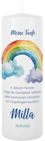 Striefchen® Personalisierte Kerze zur Taufe, Kommunion oder Firmung – Bedruckt mit Name, Anlass & Datum – Verschiedene Motive – Individuelle Taufkerze, Kommunionskerze, Firmungskerze (Regenbogen)