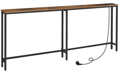 HOOBRO Schmaler Konsolentisch mit Steckdosenleiste, Konsolentisch mit Ladestation, schmaler Sofatisch, Konsole hinter dem Sofa, für Eingangsbereich, Flur, Rustikales Braun und Schwarz EBF205CXG01