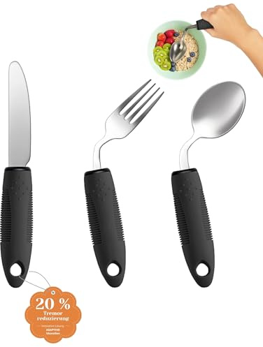 CuraVita Adaptive Utensils Set (3-Piece) – 42° Angled, 3 oz Weighted Silverware for Parkinson's, Hand Tremors and Arthritis – Easy-Grip Ergonomic Eating Aids (Left-Handed)