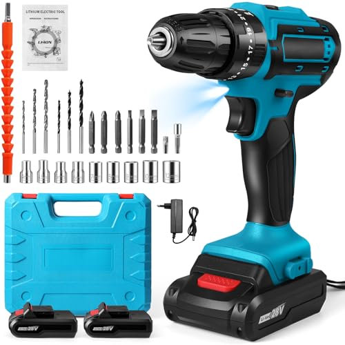 Trapano avvitatore a batteria 28 V, avvitatore a 2 batterie, 32 Nm Percussione, 25+3 impostazioni di coppia trapano, 2 velocità, 24 accessori, LED Light, per fai da te (28 V)