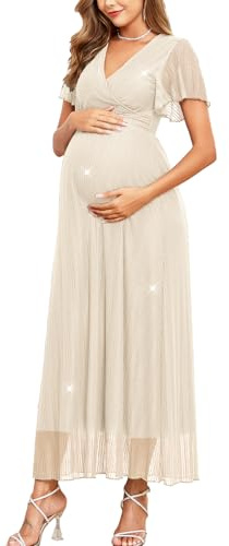 AISWI Glitzerndes Netz-Maxikleid mit Rüschenärmeln, V-Ausschnitt, fließendes Schwangerschaftskleid, Babyparty, Fotoshooting, formell, Champagner, Mittel