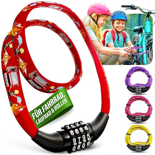 Fahrradschloss Kinder mit Zahlencode – Feuerwehr – leicht und sicher – Kinder Fahrradschloss Zahlenschloss – 65 cm – Zahlenschloss Fahrrad – Schloss Zahlencode für Kinderfahrrad