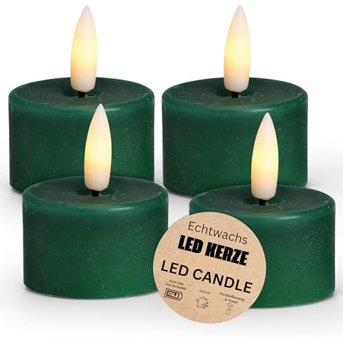 LED Teelichter 4er Set aus Wachs mit Timerfunktion - Kerze realistisch flackernde Flamme warmweiß Ø 4,5 x 2,5 cm - Elektrische Wachskerze in Grün als gemütliche Tischdeko