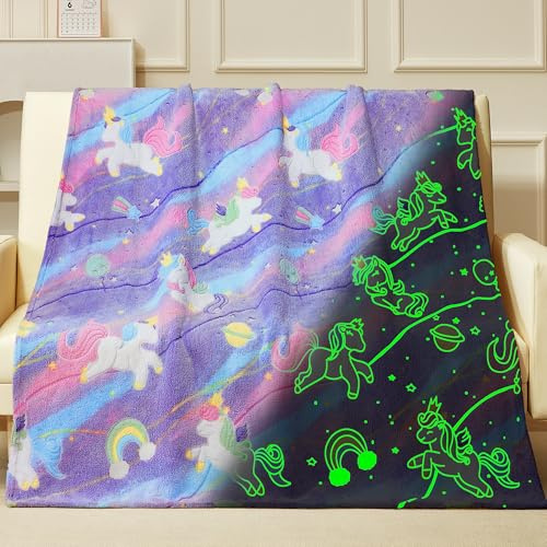RRKTP Unicorn Glow in The Dark Blanket,Unicorns Gifts Toys for Girls, Birthday Gifts for Kids Age 3-14 Year Old Teen Child Toddler Luminous Throw Blanket for Daughter 50×60