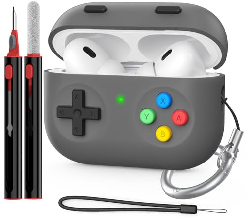 Delidigi for AirPods Pro 2 Case Cover Retro Handheld Game Console Design Silicone Protective Case with Cleaner Kit&Carabiner Compatible with AirPods Pro 2nd Generation (USB-C) (Deep grey)