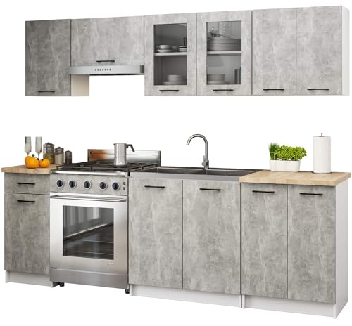 AKORD Küchenmöbel-Set OLIWIA 2.4m Modulares 240 cm 11 Türen 1 Schublade, Küche Komplett, Kitchen Cabinet Set, Küchenschränke, Standschränke, B240xH203xT46 cm, Beton & Beton