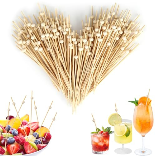 200 Stk Cocktailspieße, Natürlichen Holz, 12cm, mit Holzperle, für Getränke | Spieße Fingerfood, Glatt Poliert für Cocktail, Antipasti, Obst, Kuchen, Häppchenn, für Geburtstagsfeiern, Grillpartys, Bar