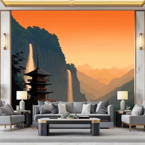 Fotomurales Papel pintado 200 x 140 cm Paisaje natural Papel pintado tejido no tejido Decoración de Pared decorativos Murales Moderna Diseno Templo japonés Montañas antiguas