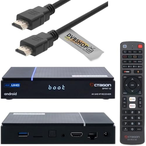 [ Test SEHR GUT, Note 1.1 *] Octagon Spirit PRO 4K Android TV Box + DVBSHOP HDMI Kabel, für Fernseher, Dualband WiFi, HDR10+, 2GB & 32GB, TV Receiver, Bluetooth Fernbedienung mit Sprachsteuerung