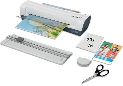 Leitz iLAM Home 95840000 Laminoir à plastifier Kit de bricolage - Coupe-papier - Ciseaux en acier inoxydable et arrondi d'angle - Laminateur à chaud - Lot de 30 films de plastification - 75