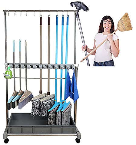 Edelstahl-Rack für Wischmopp, Besen, vielseitiger Reinigungswagen und Nizer für Haushalt, Gartengeräte, Regenschirme, mobile Aufbewahrungslösung mit Rädern