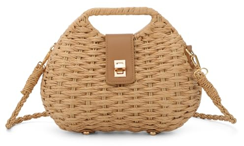 Fecialy Strohtasche für Damen Handgewebte Sommer-Strandtaschen Boho-Handtaschen mit Henkel