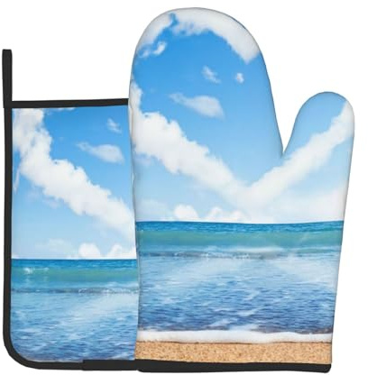 Set di guanti da forno e presine a forma di cuore con stampa romantica da spiaggia, 17,8 x 27,9 cm, set da 2 pezzi per barbecue, cottura