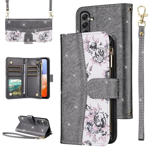 ELISORLI for Samsung Galaxy A35 5G Floral Wallet Case with Flip Zipper Purse Wrist Strap Shoulder Strap, Luxury Glitter PU Leather Card Holder Stand Cell Phone Cover for A 35 35A A355G Women Black