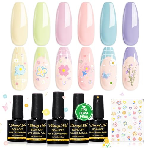 Shining She Esmaltes Semipermanentes para Uñas Gel UV/LED, 6 Colores Pastel Amarillo Verde Rosa Melocotón Azul Lila Pintauñas Semipermanentes con Pegatinas de Motivos Florales para Nail Art,8ML