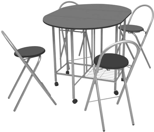 Qnhdfrt Essgruppe 5-teilig mit ausklappbarem Esstisch und 4 Stühlen, platzsparendes Küchentisch-Set aus MDF und Eisenrahmen, Mobile Sitzgruppe für kleine Räume, Schwarz und Silber