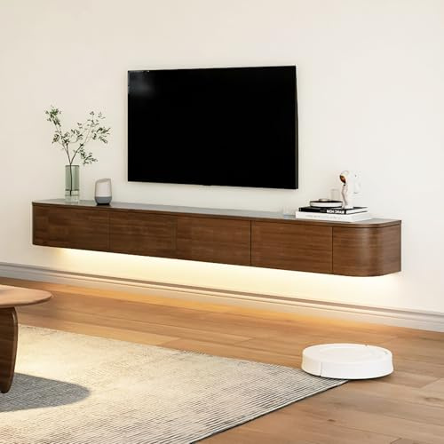 NOYHHAV Meuble TV Suspendu Flottant avec Lumières LED,Aucun Assemblage requis -Bois Massif - Noyer-160CM