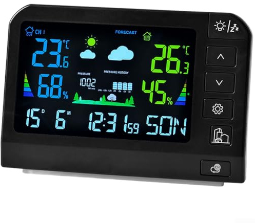 Estación meteorológica digital, pantalla LCD a color con monitor de humedad de temperatura interior/exterior, función de pronóstico y reloj despertador (767 negro)