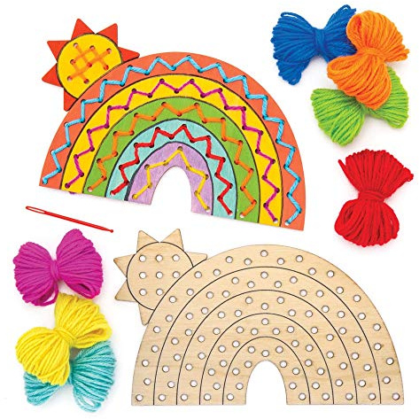 Baker Ross Flecht - Bastelsets Regenbogen aus Holz (4er-Pack), für Kinder zum Nähen, Dekorieren und Zusammenbauen, Mittel