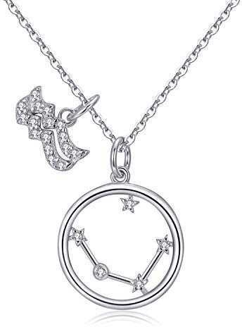 Qings Horoscope Pendant Zodiac Necklace - 925 Sterling Silver CZ Astrology Necklace, Personal 12 Constellation Zodiac Sign Minimalist Charm Star Necklace Birthday Gifts for Women Girls,17.7-19 inch
