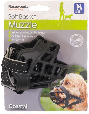 Rosewood Soft Basket Muzzle for Dogs – Padded Straps for Comfort, Ideal for Bite Risk, Wound Licking, Vets, Wildlife Hunting, Busy Environments – Comfortable and Adjustable Fit, Size 1