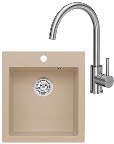 VBChome Spülbecken mit Armatur 45 x 50 cm Beige Einzelbecken Einbauspüle Spüle Küchenspüle Spültischarmatur eckig gesprenkelt + Siphon
