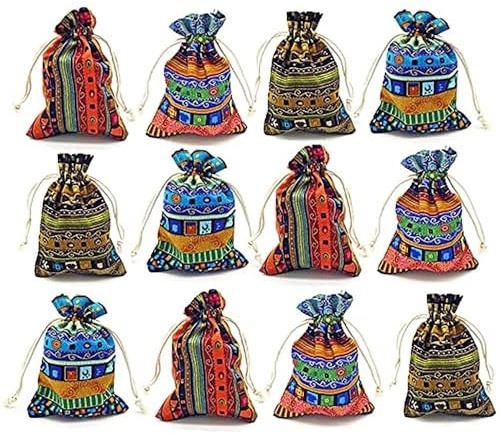 GALAOMA 24pc Egyptian Style Jewelry Coin Pouch Print Drawstring Gift Bag Cotton Sachet Candy Travel Purse Ethnic Reusable Grocery for Party Favors Wedding Holiday