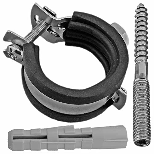 MegaHaustechnik Gelenk-Rohrschellen aus Stahl verzinkt, Set 10 Stück mit Stockschrauben und Dübel, Spannbereich 32 bis 36mm Rohr-Außendurchmesser 1 Zoll, mit Schallschutz, mit M8 Gewinde-Mutter