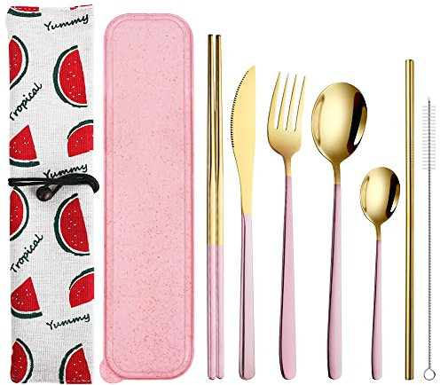 QLFJ-FurDec 9 Pcs Portable Cutlery Set with Case, Reusable Stainless Steel Travel Lunch Utensils with Fork Spoon Knife Chopsticks, and Straws, Cleaning Brush for Camping, Picnic(Pink Gold)