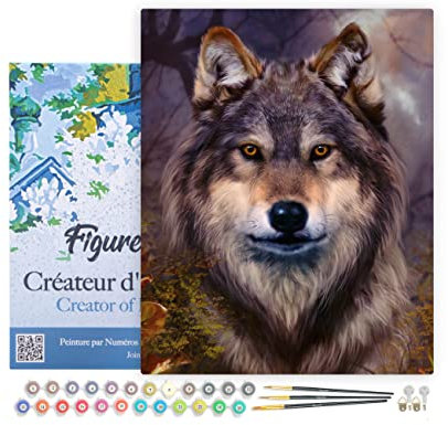 Figured'Art Peinture par Numéro Adulte avec Cadre Tête de loup - Activité Manuelle Kit de Loisir Créatif DIY Numéro d'Art Complet - 40x50cm toile tendue sur châssis