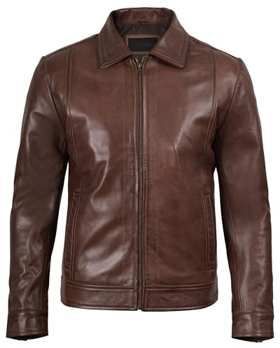 Fjackets Chaquetas ligeras de cuero para hombres - Chaqueta con cremallera estilo vintage, Wiiick - Chaqueta de Cuero Marrón, Small