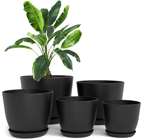 Utopia Home Lot de 5 Pots de Fleurs 18/17/15/13/12 cm Plantpot avec Soucoupe pour la Cuisine, Le Balcon, Les Plantes de Jardin, Les Pots de Fleurs de pépinière pour l'intérieur Noir.